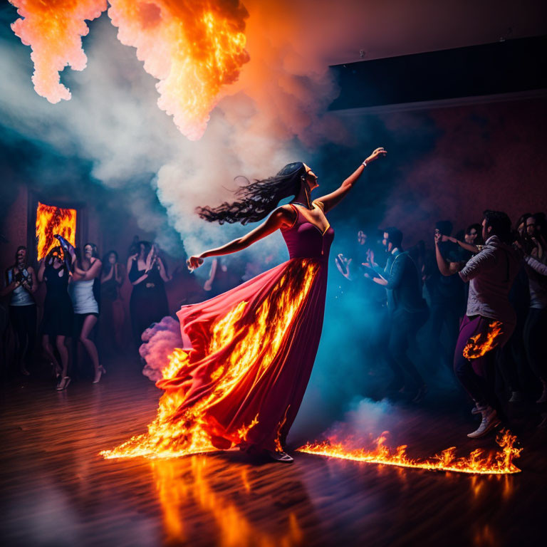 Energetic woman in red dress dances among crowd with pyrotechnics