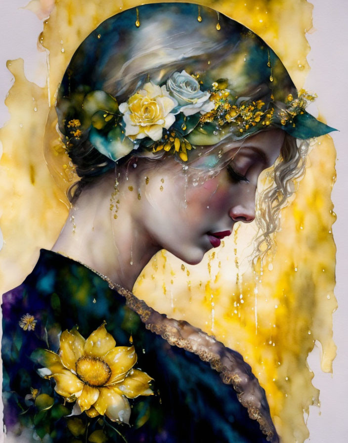 Profile of woman with floral hat, golden accents, dark dress on yellow background