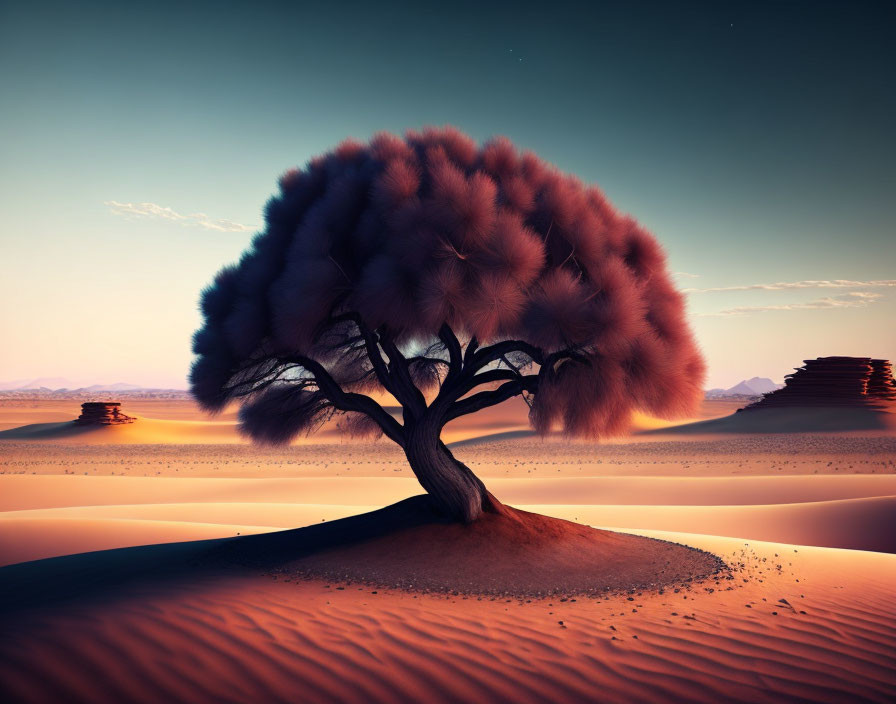 Surreal fluffy tree on dune in desert twilight