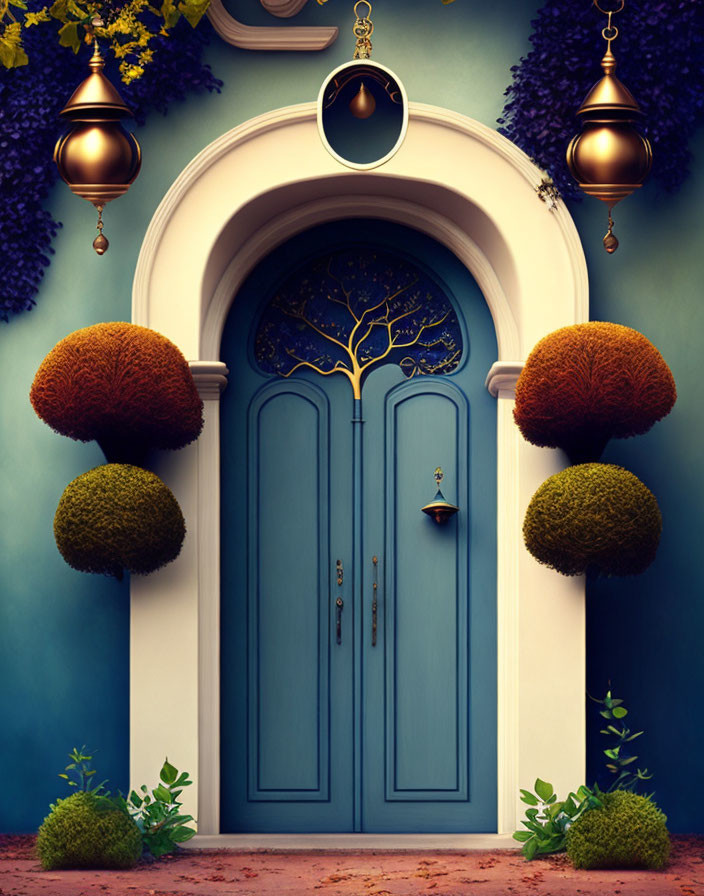 Blue door with tree motif, topiary trees, lanterns, and violet flowers on deep blue