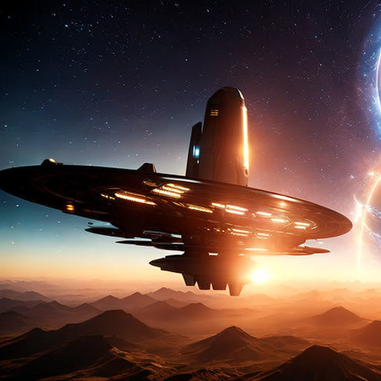 Futuristic spaceship over alien mountains under bright sun