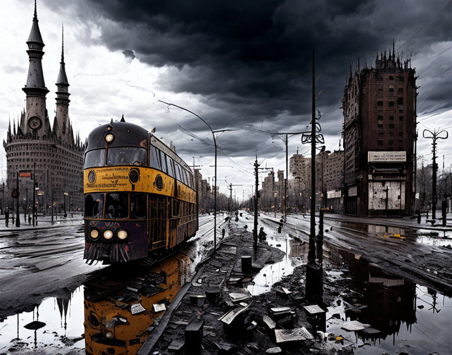 Vintage yellow tram in urban setting with stormy skies