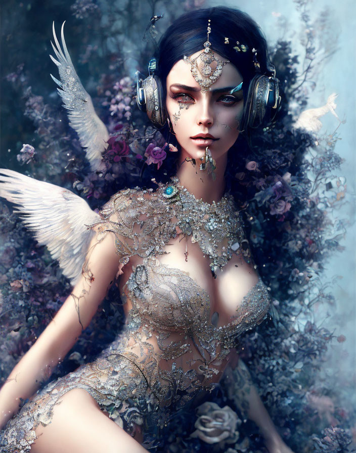 Fantasy-themed digital artwork of a winged female with jewelry and headphones