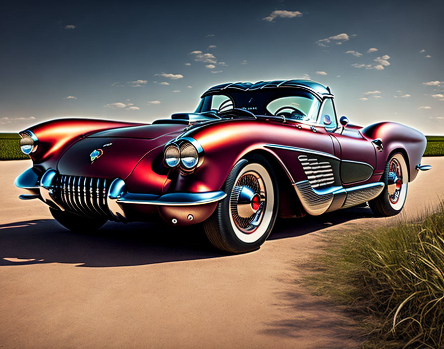 Vintage Red Corvette with White-Wall Tires on Road