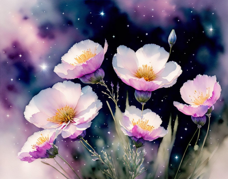 Delicate white and pink flowers on purple galaxy background