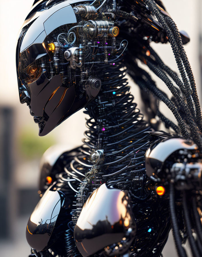 Detailed humanoid robot design with glowing eyes and intricate wiring.