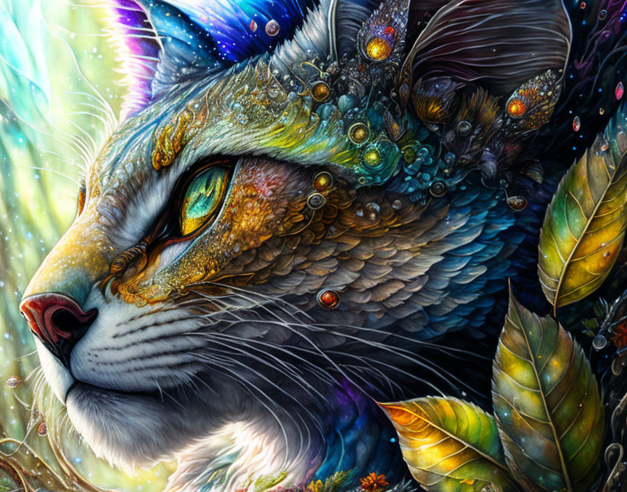 Colorful digital painting: Majestic cat adorned with feathers, jewels, and leafy motifs