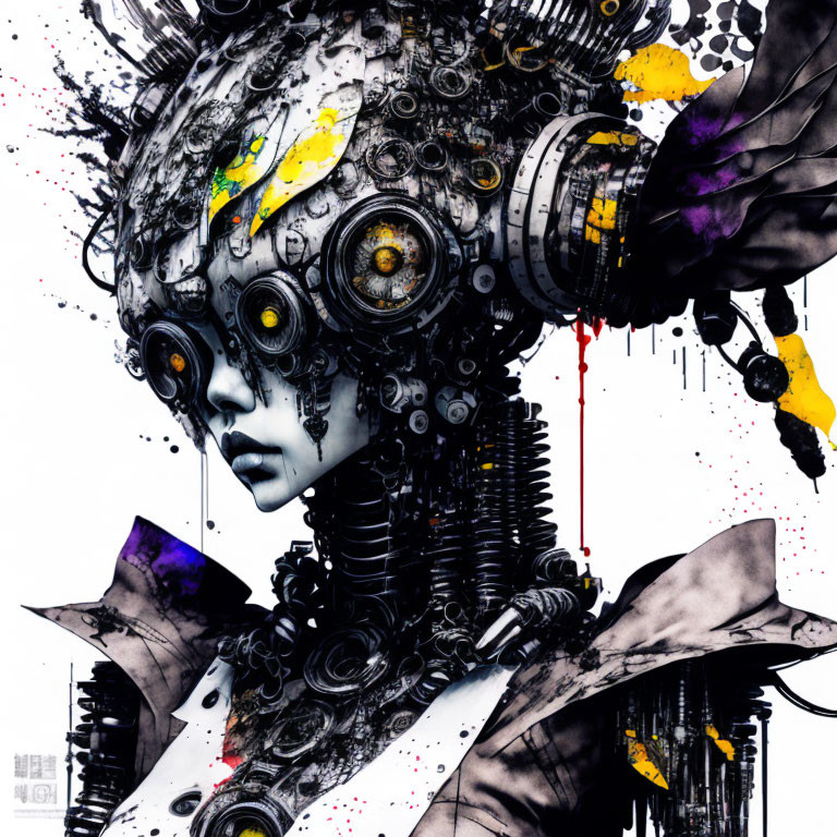 Detailed digital artwork: Female figure with mechanical head and vibrant paint accents