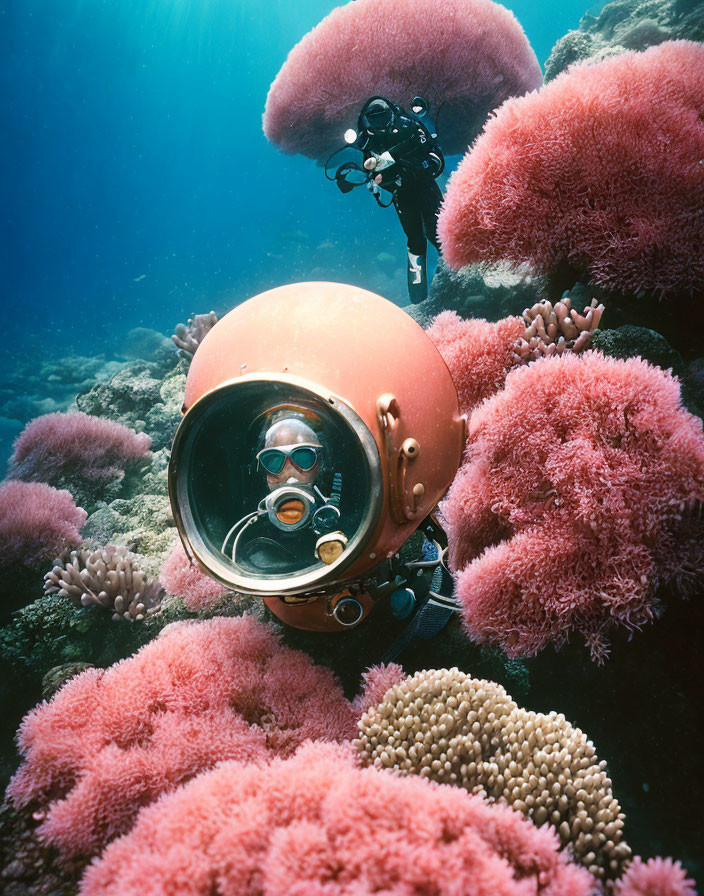 Vintage helmet diver explores pink coral reef with companion