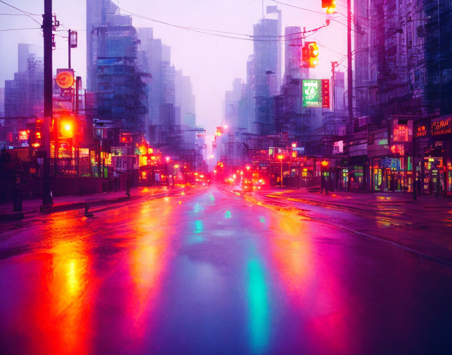 Vibrant neon city street at dusk with colorful lights and building silhouettes.