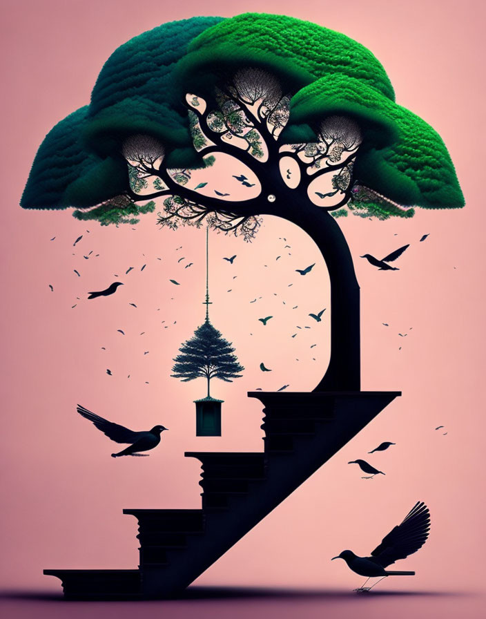 Tranquil tree silhouette with birds, staircase, lantern on pink background