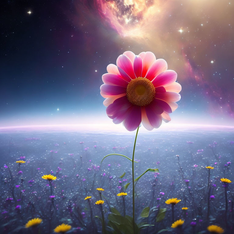 Pink flower in surreal starry sky with cosmic glow and smaller blooms