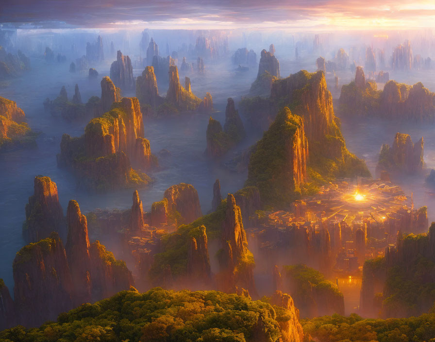 Majestic rock formations in misty sunrise landscape.