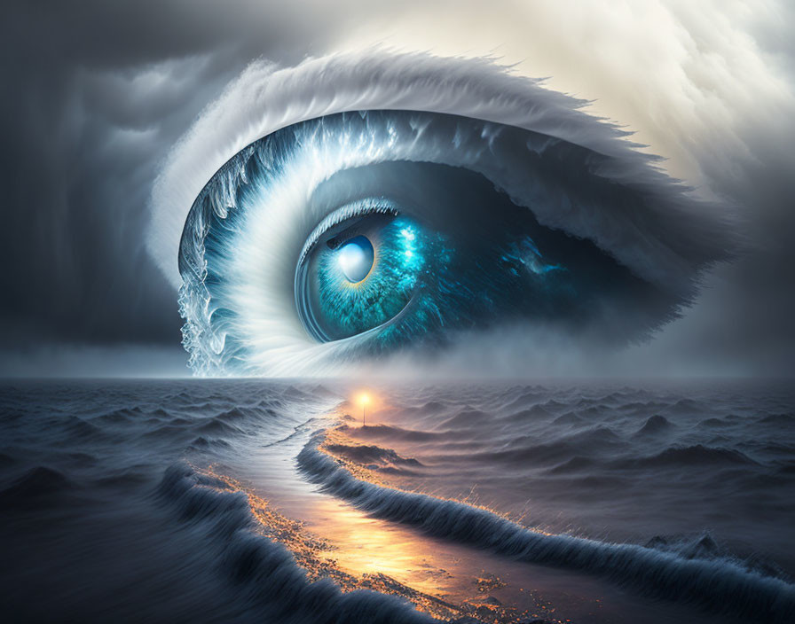 Surreal artwork: Blue eye close-up with stormy ocean scene