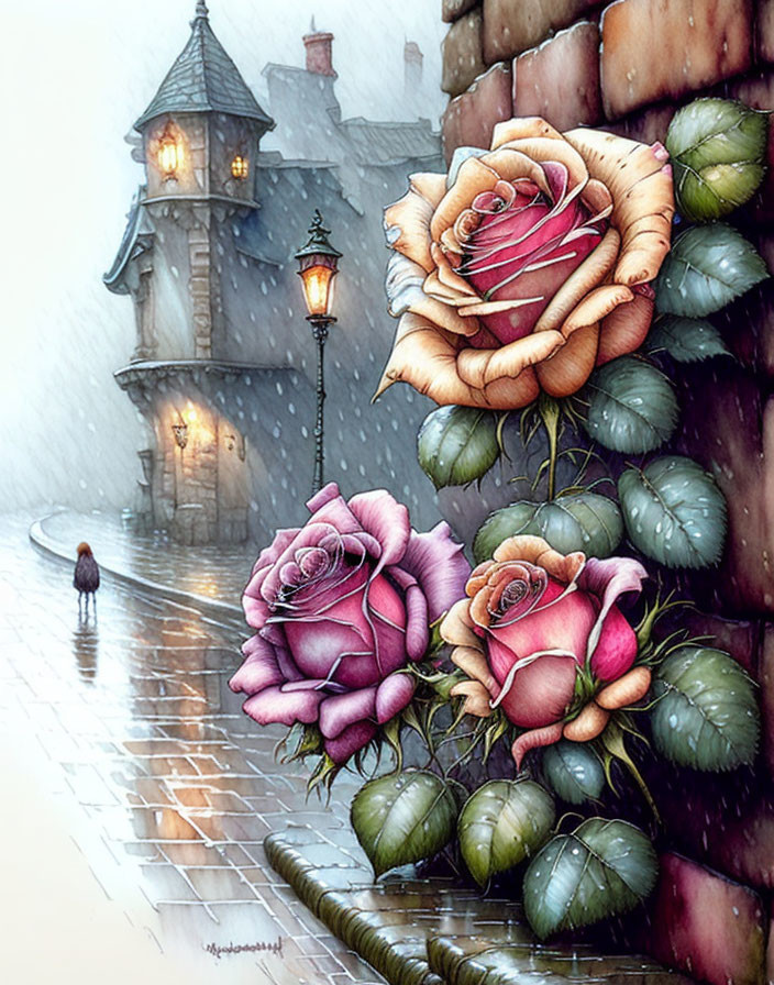 Illustration of oversized roses on brick wall with figure in rain by street lamp