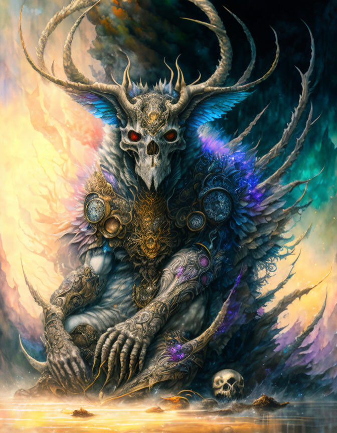 Mythical creature with skull-like face, antlers, red eyes, wings, and ornate