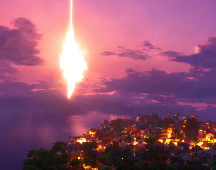 Meteor Streaking Across Twilight Sky Above Coastal Town