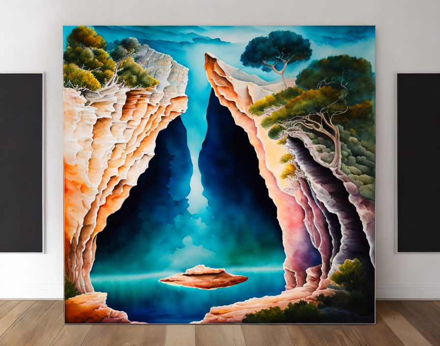 Colorful painting of surreal canyon with blue water and lush trees