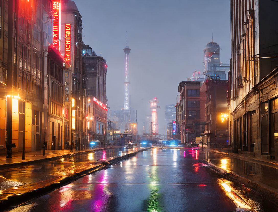 Twilight rainy cityscape with neon reflections