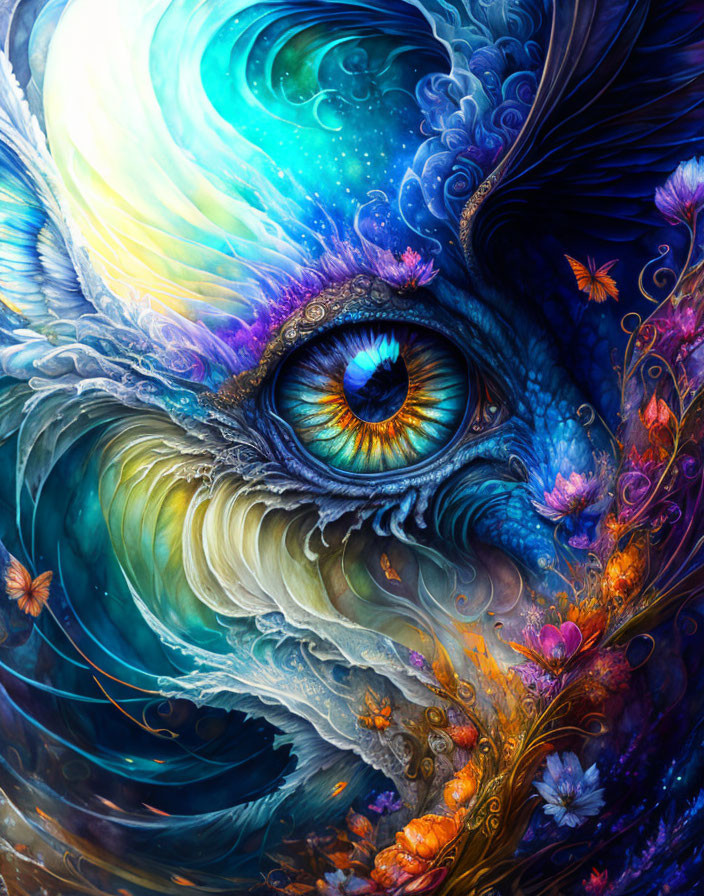 Colorful Artwork: Mythical Creature's Eye with Feathers and Flora