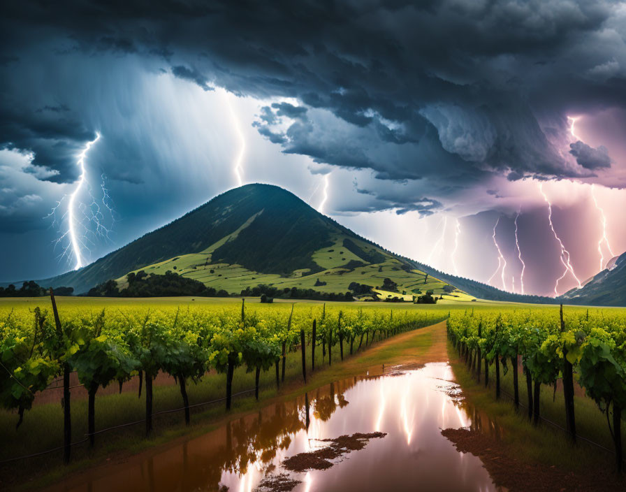 Dramatic lightning strikes over lush vineyard with storm clouds and reflective puddle