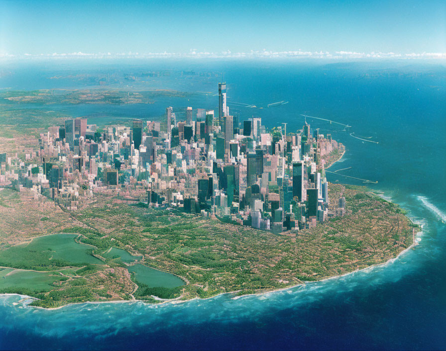 Modern city skyline near coastline with parks and wind turbines.