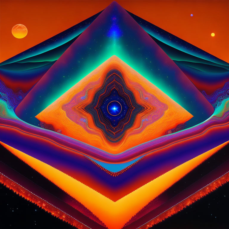 Abstract Multicolored Psychedelic Art with Blue Vortex Eye on Orange Sky