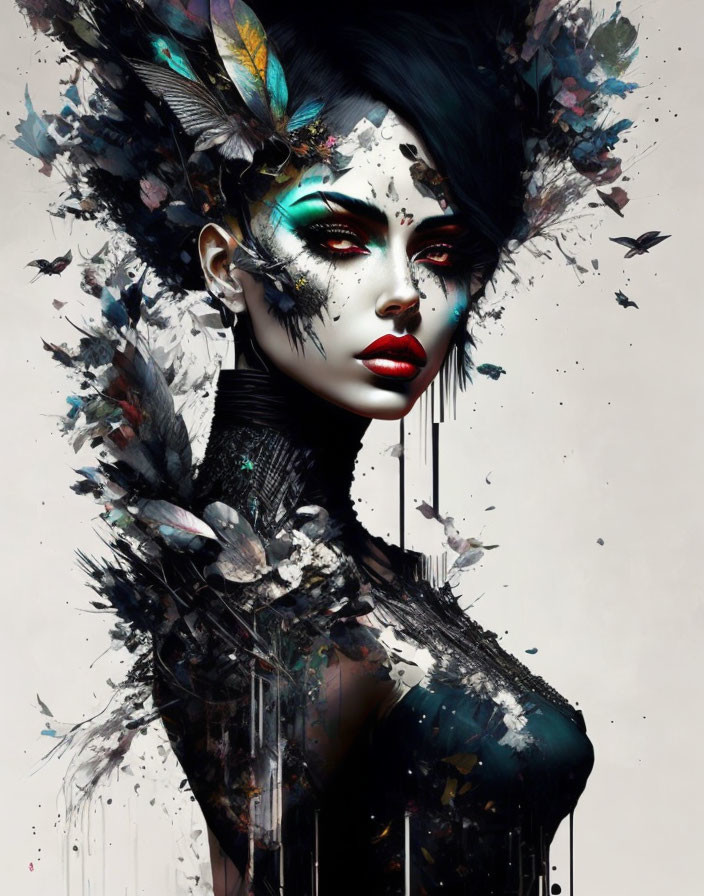 Dark makeup woman with feathers in abstract digital art