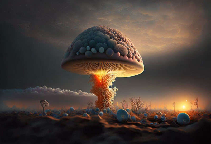 Surreal landscape with large mushroom structure and explosion surrounded by spherical objects