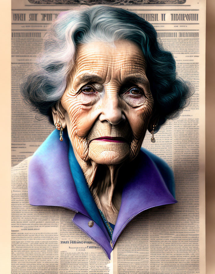 Elderly woman with blue hair and purple collar against newspaper columns