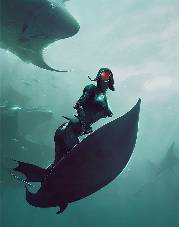 Futuristic diver on manta ray with shark in green ocean