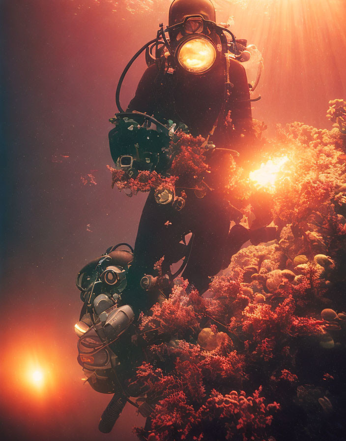 Underwater diver with front light explores vibrant coral reef under sunlight rays