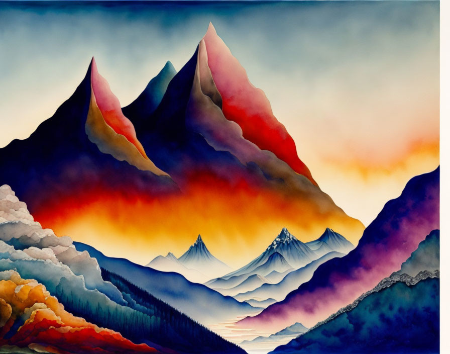 Mountain Watercolor Painting: Fiery Peaks, Misty Valleys, Serene River at Sunset