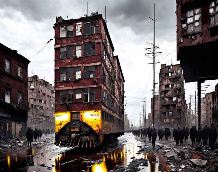 Dystopian cityscape with gloomy skies and tracked vehicle in muddy street