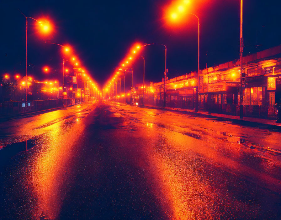 Night scene: Wet street under orange streetlights, reflections on asphalt, row of buildings.