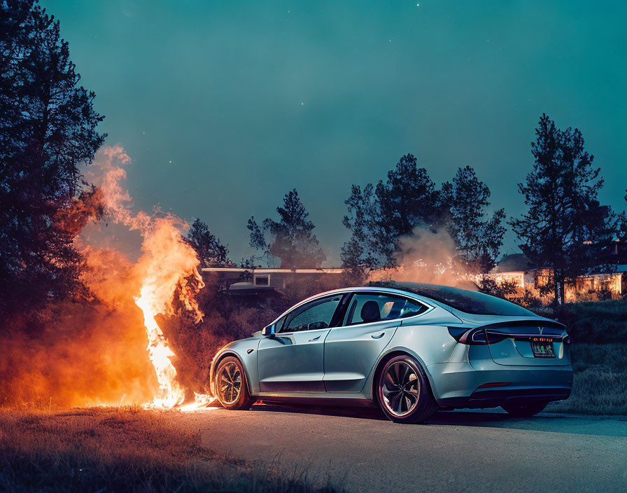 Blue Tesla Model S parked at night with flames on road side