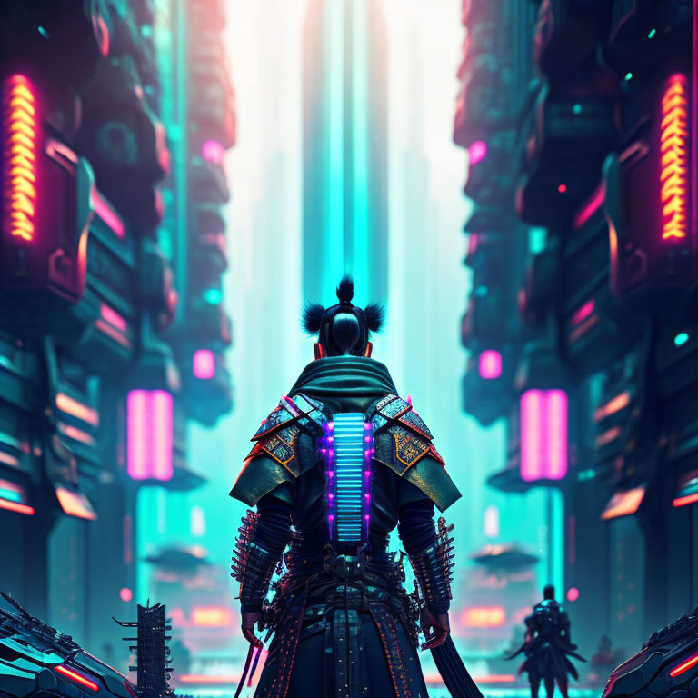 Samurai in traditional armor in futuristic neon cityscape.