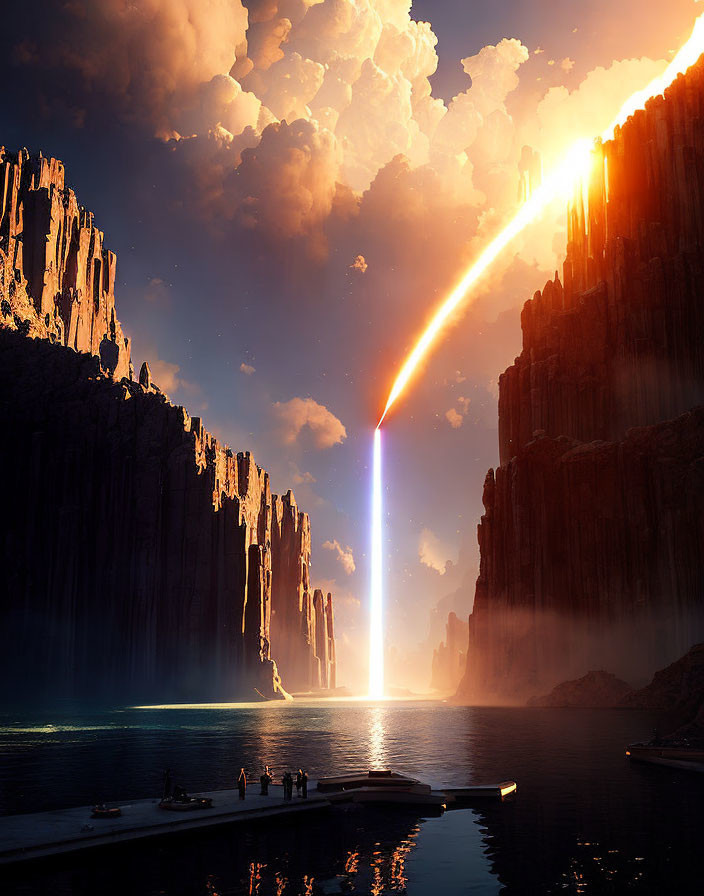 Majestic cliffs, glowing meteor, people on dock at sunset