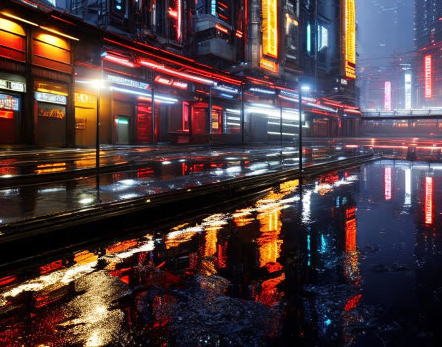 Vibrant Neon-lit City Street at Night with Tram Tracks