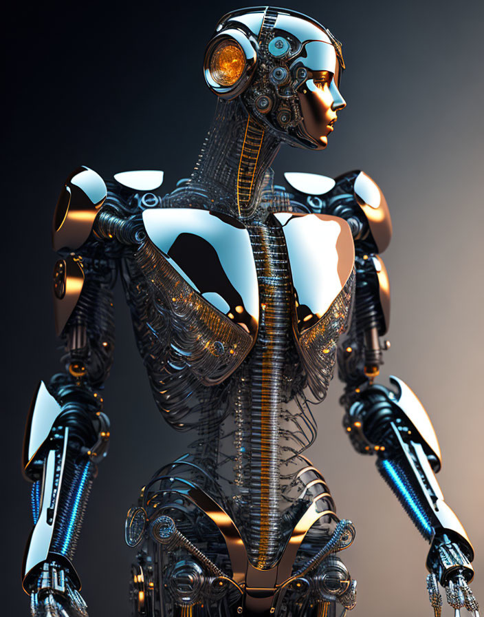 Detailed Futuristic Robot with Metallic Surface and Orange Glowing Elements