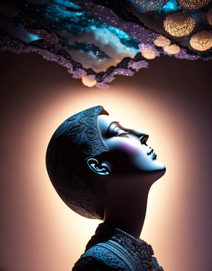 Intricate Pattern Mannequin Head on Celestial Backdrop