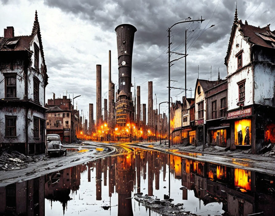 Desolate industrial landscape: dilapidated buildings, smokestacks, glowing windows, and water-st