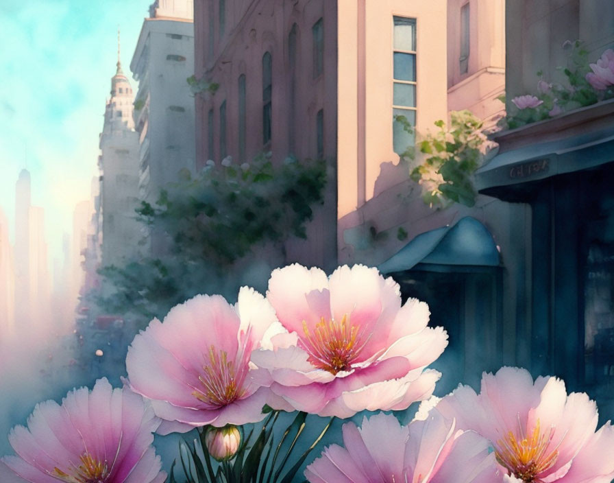 Cityscape with Pink Flowers and Sunlit Buildings