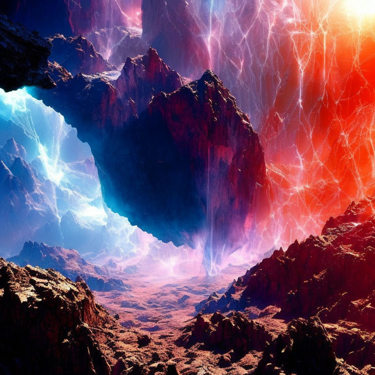 Fantastical landscape with blue and pink energy beams on rocky terrain