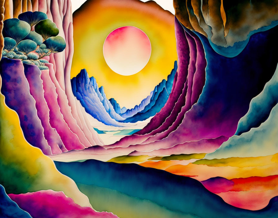 Colorful surreal landscape painting with central sun and rainbow terrains.