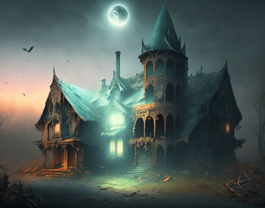 Dark Gothic haunted house under moonlit sky with fog and flying crows