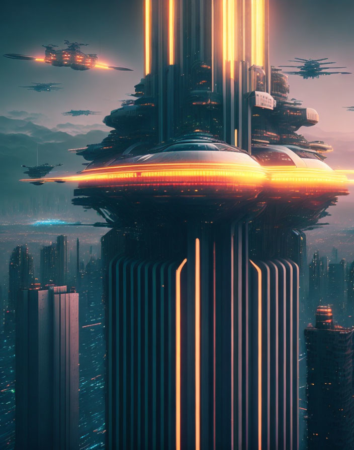 Futuristic cityscape with skyscrapers, lights, and flying vehicles at dusk