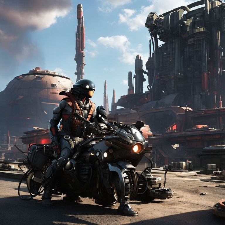 Futuristic helmeted rider on modern motorcycle in industrial sci-fi cityscape