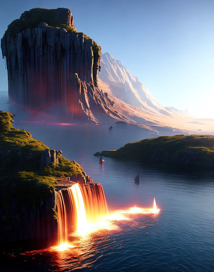 Majestic cliff with lava waterfalls into ocean at sunset