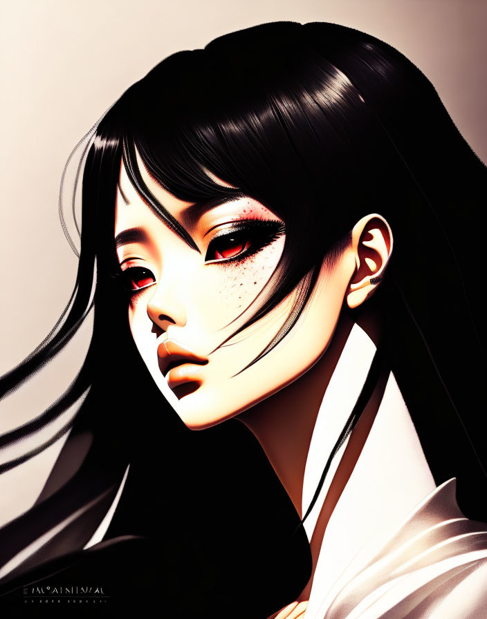 Stylized female illustration with long black hair and red eye makeup